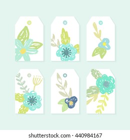 Set of decorative tags with cute flowers. Printable scrapbook elements