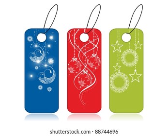 set of decorative tags presentation in blue, red & green color having hanging Christmas Balls, stars for Christmas & other occasions