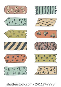 Set of decorative tape, washi tapes, sticky tapes. Set of pieces of paper isolated on a white background. Vector illustration
