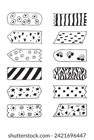 Set of decorative tape, washi tapes, sticky tapes. Set of pieces of paper isolated on a white background. Vector illustration