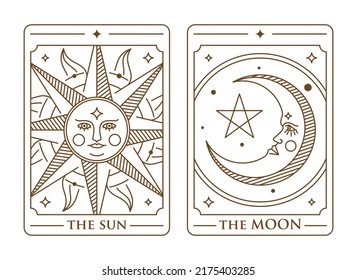  Set dekorativer Tarot Karten die Sonne und den Mond. Vintage mystische Sonne und Mondtarokarte im Stil dekorativer Linien Kunst. Magisches Banner für Astrologie. Sonne mit Gesicht. Mond mit Gesicht.