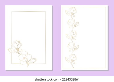 Set of decorative templates with a rectangular frame with bouquets of blossoming magnolia branches for holiday design cards, congratulations, flyers, letterheads. Freehand drawing, golden gradient. 