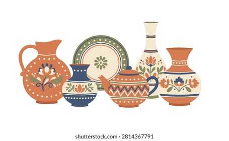 Set of decorative terracotta pottery decorated with traditional floral patterns and earthy blue, orange, and green accents.