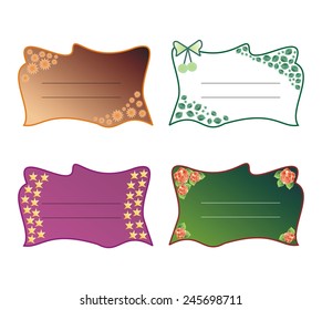 Set of decorative text frames with roses, leaves, stars, flowers and bow