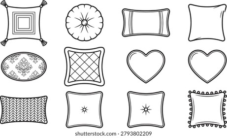 Set of decorative throw pillows featuring various shapes, patterns, and textures in a clean black and white line