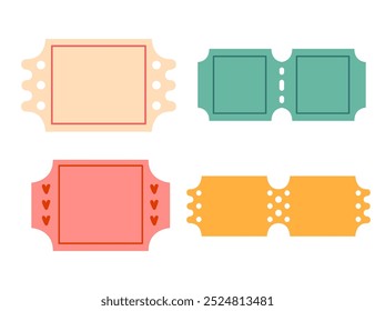 Set of decorative tickets with vintage-style borders in pastel shades, ideal for event invitations, labels, or gift vouchers with a playful, retro vibe. Vector illustration isolated on white.