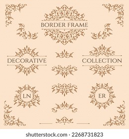 Conjunto de bordes decorativos de título, esquinas y monogramas, marco.  Página de diseño gráfico. Patrón ornamental.