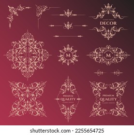 Set of decorative title borders, frames, corners and monograms.  Graphic design page. Ornamental pattern.