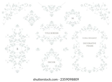 Set of decorative title borders, frames, corners and monograms. Graphic design page. Ornamental floral pattern.
