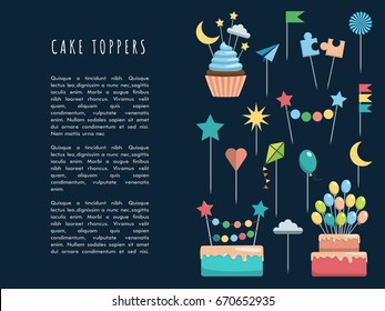 Set of decorative toppers for decorating cakes and cupcakes, and other baked goods from dough. Vector illustration of decoration for children parties and birthdays cake toppers.