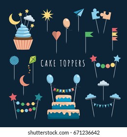 Set of decorative toppers for decorating cakes and cupcakes, and other baked goods from dough. Vector illustration of decoration for children parties and birthdays cake toppers.