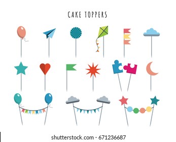 Set of decorative toppers for decorating cakes and cupcakes, and other baked goods from dough. Vector illustration of decoration for children parties and birthdays cake toppers.