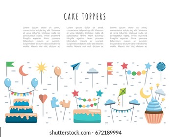 Set of decorative toppers for decorating cakes and cupcakes, and other baked goods from dough. Vector illustration of decoration for children parties and birthdays cake toppers.