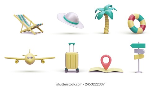 Set of decorative tout elements in 3d realistic style. Suitcase, map, lifebuoy, hat, palm, airplane, chair, road sign isolated on white background. Vector illustration