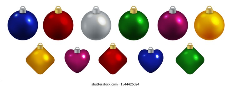 Set of decorative toys for Cristmas, balls, hearts, rhumbs. Isolated objects for New Year celebration and Christmas tree or card decor. Vector illustration