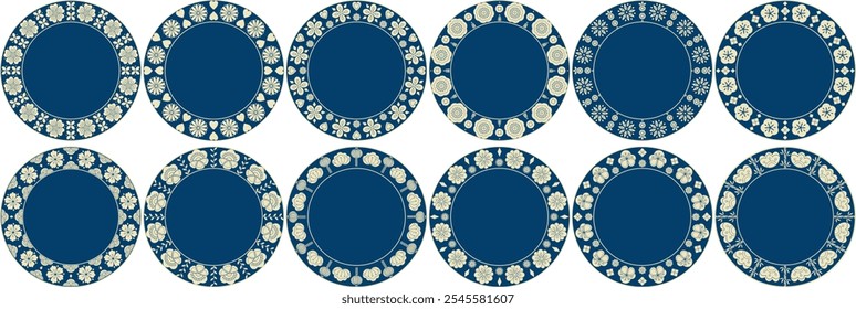 Set of decorative traditional Chinese style with copy space round frames. Off white and blue Lunar new year theme vector	