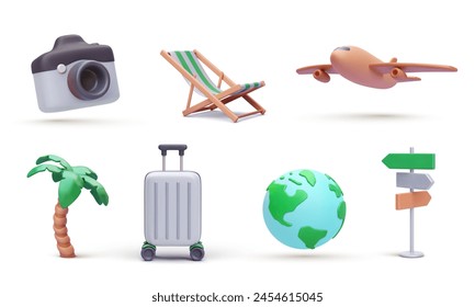 Set von dekorativen Reise-Elementen im 3D-realistischen Stil. Koffer, Planet, Straßenschild, Flugzeug, Handfläche, Kamera, Stuhl isoliert auf weißem Hintergrund. Vektorillustration