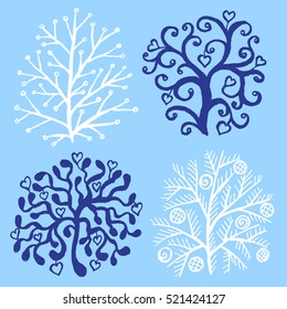 Set of decorative trees on blue background