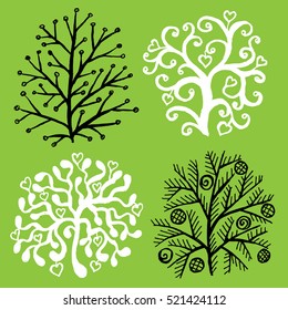 Set of decorative trees on green background