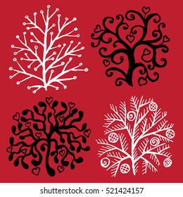 Set of decorative trees on red background