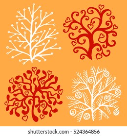 Set of decorative trees on red background