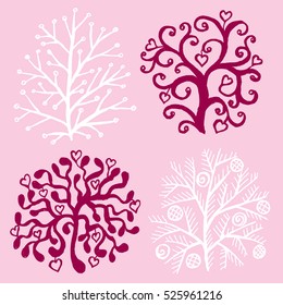 Set of decorative trees on red background