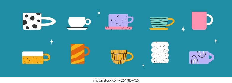 Set of decorative trendy cups different pattern and shapes. Collection of handcrafted ceramic tableware scandinavian style. Modern mugs for tea, coffee, drink beverage. Isolated vector illustration