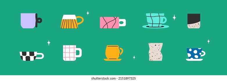 Conjunto de tazas de moda decorativas de diferentes patrones y formas. Colección de vajilla de cerámica artesanal de estilo escandinavo. Las tazas modernas para té, café, bebidas. Ilustración vectorial aislada