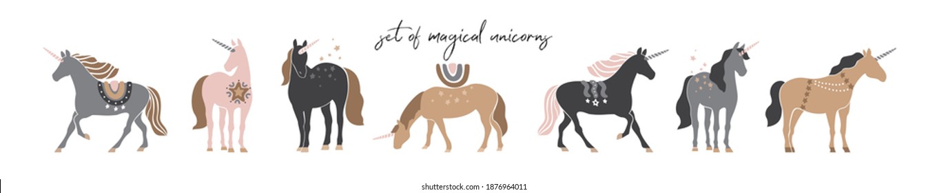 Set of decorative unicorns in vintage boho style isolated on white. Collection of mystical horses with magical, abstract symbols for card, posters, decor. Ethnic wild animals. Flat vector illustration