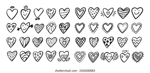 Set of decorative unique hearts hand drawn in black lines isolated on white. Collection of Valentine's Day symbols in the doodle style for decorating stickers, cards, posters. Vector illustration.