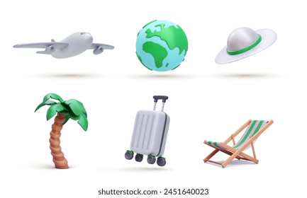 Set of decorative vacation elements in 3d realistic style. Suitcase, planet, hat, palm, airplane, chair isolated on white background. Vector illustration