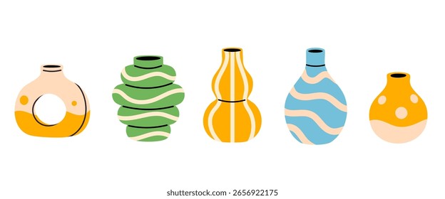 Set of decorative vases with cutouts, waves, and organic textured designs