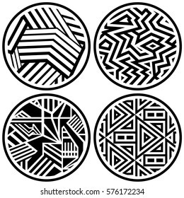 Set of Decorative Vector Circles. Black and White Shapes with Different Stripes and Triangles