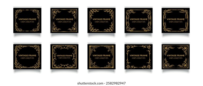 Set of decorative Vector Corner Frame Black Background. Collection of oriental vintage corner frames. Vector illustration.