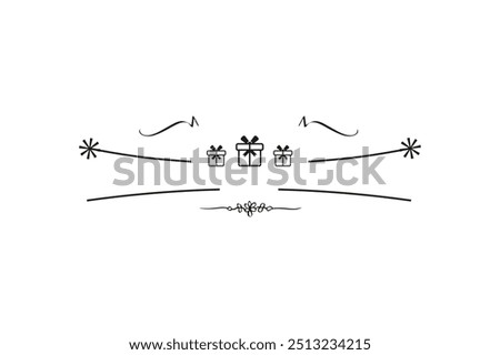 Set of decorative vector dividers with gift icons and ornamental flourishes in black on a white background.