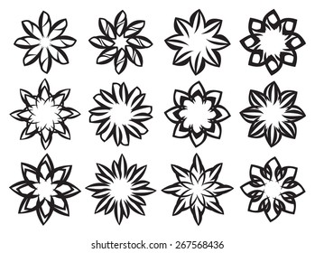 Set of decorative vector flower design elements in black and white isolated on white background.