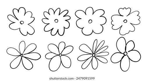 Set of decorative vector flowers in doodle style isolated on white background. Simple vector flower icons