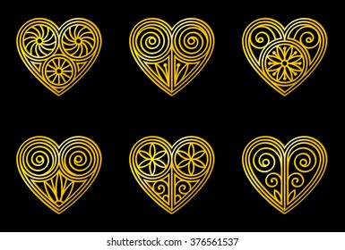 Set of decorative vector hearts. Isolated on black