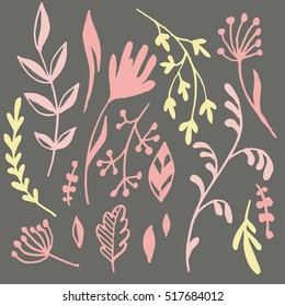 Set of decorative vector herbs and branches. Ink hand drawn simple illustration with botanical sketches