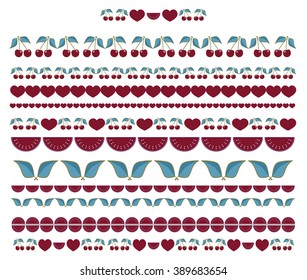 Set of decorative vector lines, borders, dividers, ribbons. Abstract cherry, leaves, watermelons, hearts  in flat style. Floral elements for design, good for invitation, greeting card, frames, banners