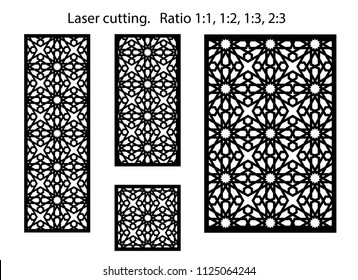 Conjunto de paneles vectoriales decorativos para corte láser. Plantilla para la partición interior en estilo arabesco. Relación de aspecto 1:1,1:2,1:3,2:3