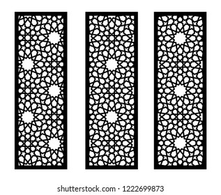 Set of decorative vector panels for laser cutting. Template for interior partition in arabesque style. Ratio 1:3