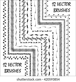 Set of decorative vector pattern brushes with inner and outer corner tiles, simulating the hand-drawing. Dividers. Borders. Ornaments. Frames. Design elements.