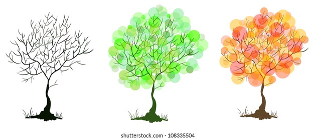 Set of decorative vector trees with colorful transparent leaves-bubbles. Eps 10