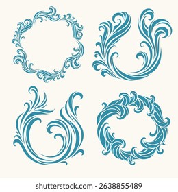 Set of decorative vector wave elements in ornamental circular and semi-circular shapes. Stylized blue swirls for design, frames, logos, or marine-themed compositions