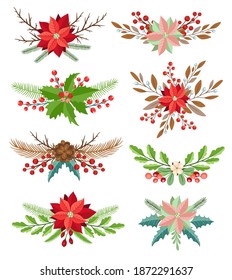 Set of decorative vector winter floral elements. Bouquets for Christmas and new year design 