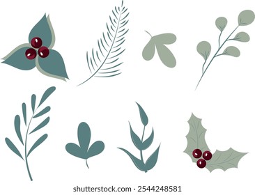 Set of decorative vector winter floral elements. Christmas and new year design kit