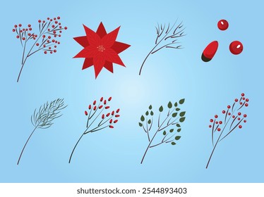 Set of decorative vector winter floral elements. Christmas and new year design kit