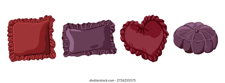 Conjunto de almohadas decorativas de terciopelo en diferentes Formas y colores aislados sobre fondo blanco. La Imagen representa confort, decoración del hogar, suavidad y ambiente interior acogedor