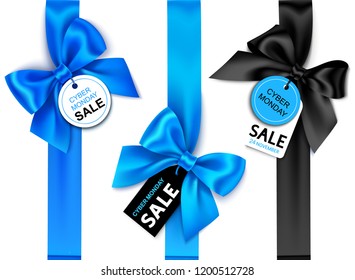 Set of decorative vertical blue ribbons with bow and price tag for cyber monday sale design. Vector holiday decoration and label isolated on white background 